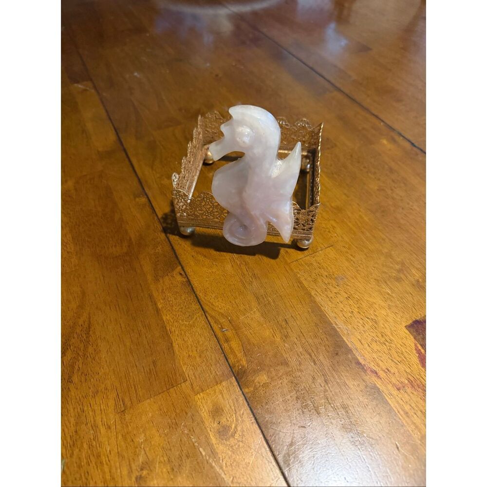 Vtg MCM Seahorse Gold Tone Tissue Box Holder 4.5 x4.5" Resin W/ Rose Quartz Look